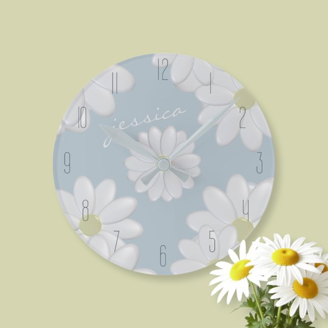 Ronde Horloge Fleurie Moderne Marguerites Bleues Printan (A delicate pale sky blue clock with bold bright white daisy flowers. Just add your name)