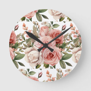 Ronde Horloge florale Fleurs Roses roses en rose chic