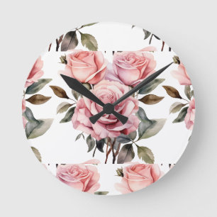 Ronde Horloge florale Fleurs Roses roses en rose chic