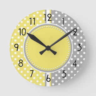 Ronde Horloge jaune et grise de pois