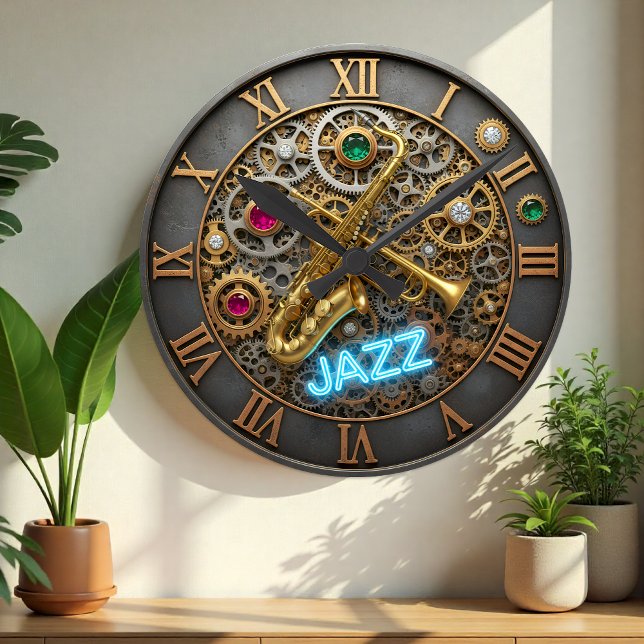 Ronde Horloge Jazz, Lumière Néon, Trompette, Saxophone (Jazz Wall Clock, Saxophone, Trumpet, Neon Light)