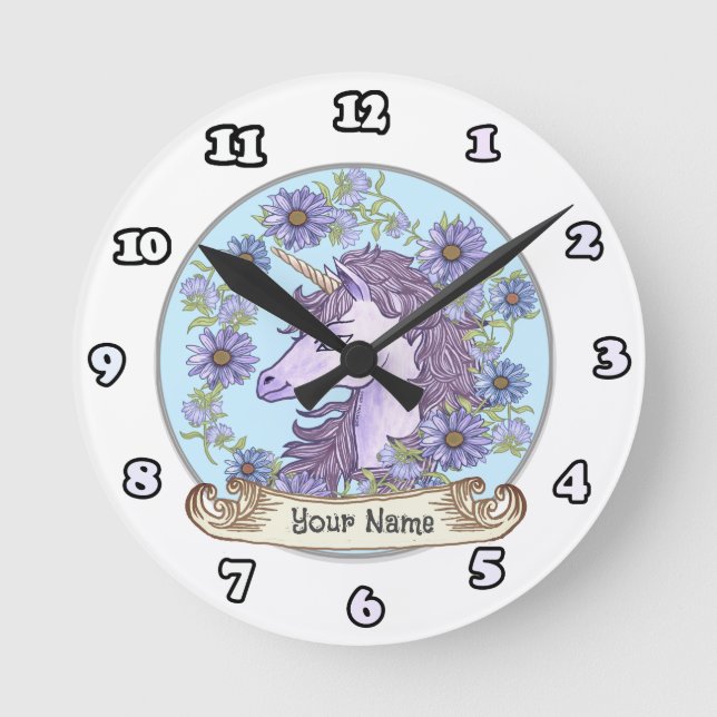 Ronde Horloge Licorne Blue Daisy (Recto)