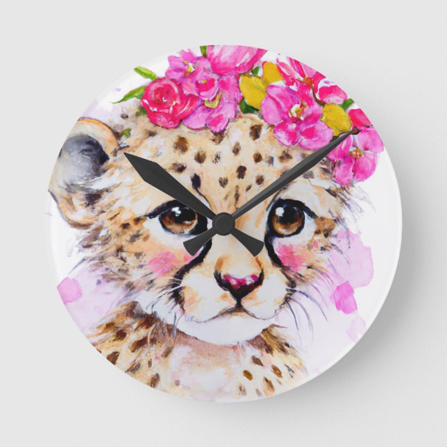 Ronde Horloge maternelle Bébé Cheetah avec Couronne rose (Recto)