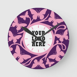 Ronde Horloge papillon rose et violet personnalisée (1)