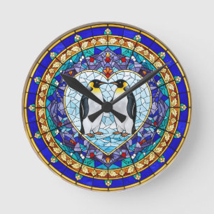 Ronde Horloge Pingouin en Faux Vitrail