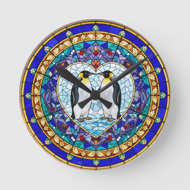Ronde Horloge Pingouin en Faux Vitrail (Recto)