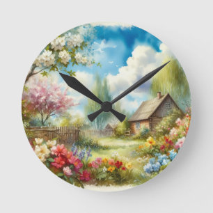Ronde Idyllique Printemps Campagne Cottage Mur Horloge
