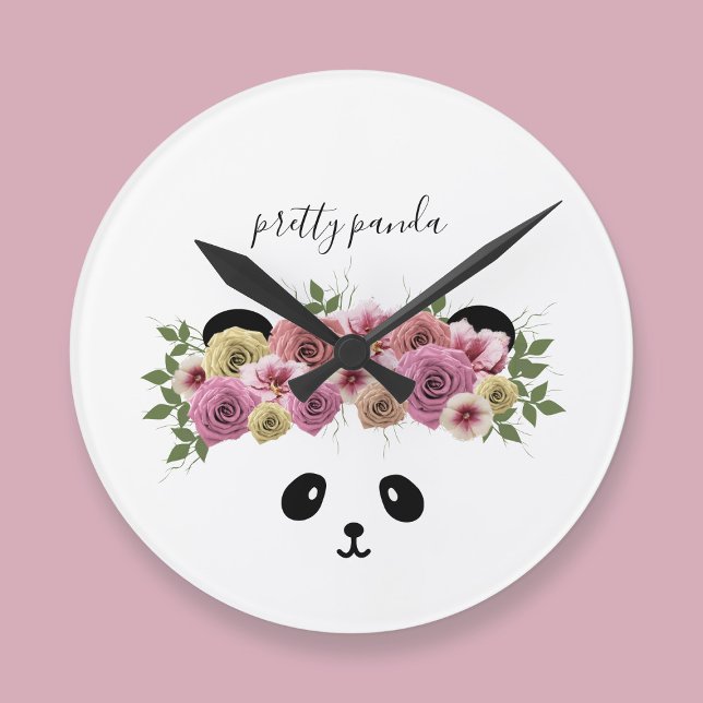 Ronde Jolie horloge enfant ours panda floral (A pretty panda bear with flowers in her hair. Just add your name to this cute nursery clock)
