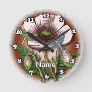 Ronde Libellule Coquelicot Pâle Horloge