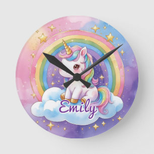 Ronde Licorne Arc-en-Ciel sur Horloge de Nom Éditable Nu