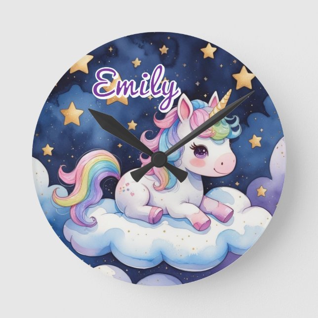 Ronde Licorne Mignonne sur Horloge de Nom Éditable en Nu (Recto)