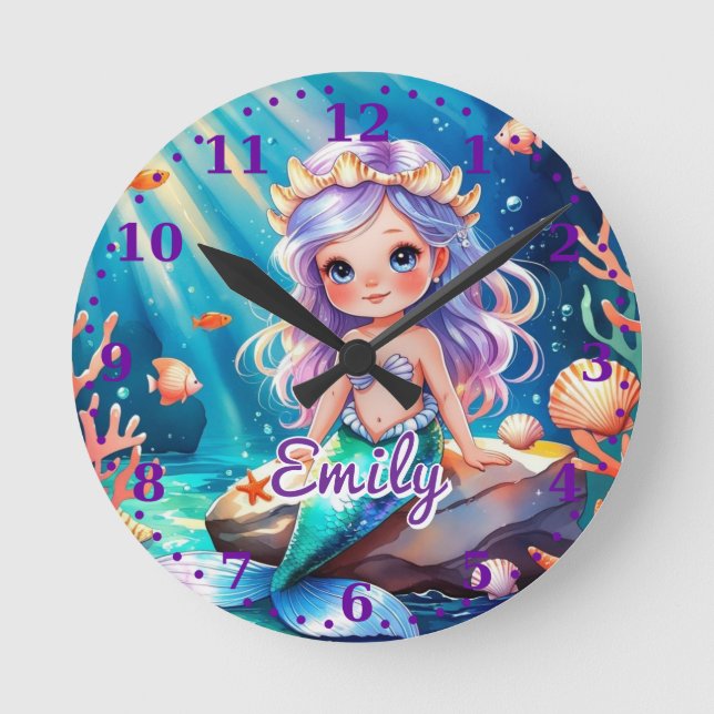 Ronde Mermaid Ocean Wall Horloge - Nom modifiable (Recto)