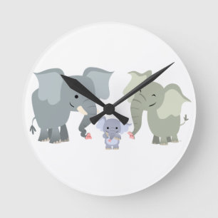Ronde Mignonne Cartoon Elephant Famille Mur Horloge