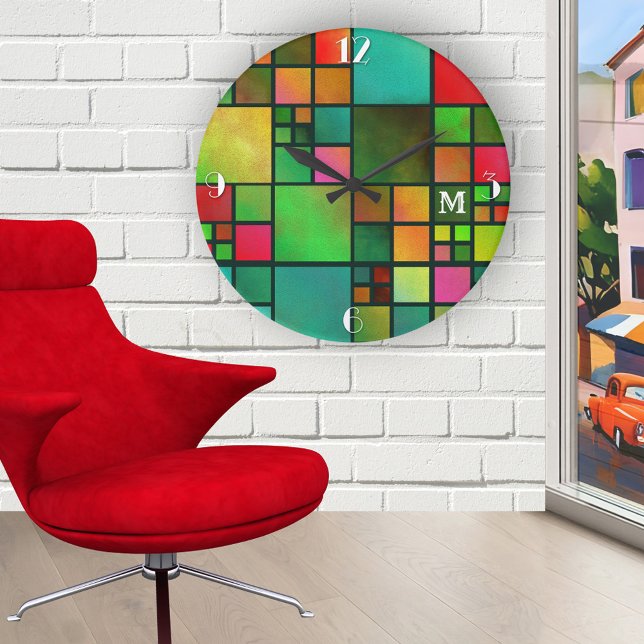 Ronde Mosaïque Motif géométrique Monogramme Horloge mura (Artistic wall clock with a checkered tile pattern with a watercolor effect in a variety of colors)