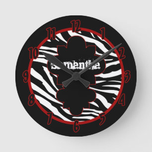 Ronde Nom personnalisé Horloge noir et blanc Zèbre