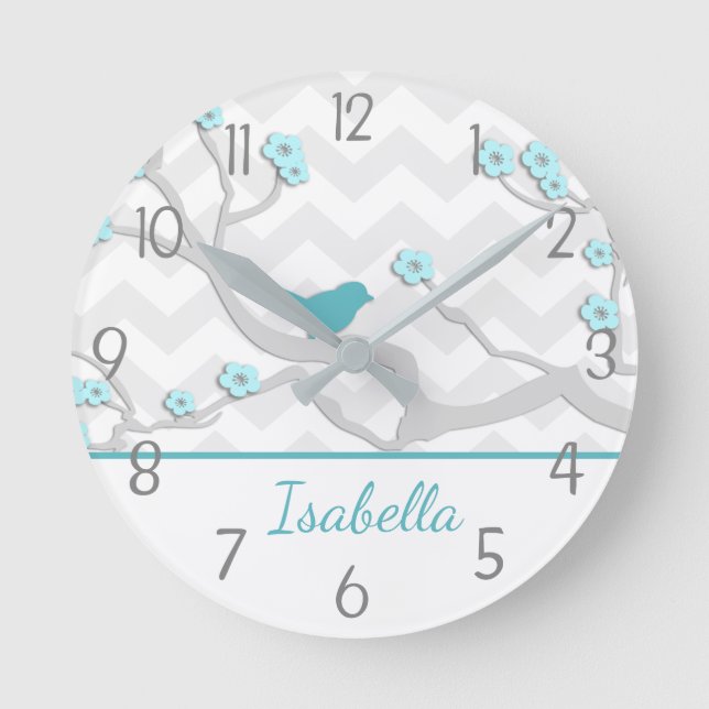 Ronde Oiseau gris Aqua turquoise sur la branche Horloge  (Recto)