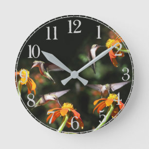 Ronde Oiseaux de colibri Horloge du mur de fleurs de tou