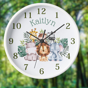 Ronde Personnalisé Nom Jungle Safari Animaux Horloge Ron