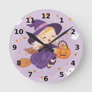Ronde Petite Sorcière Volante Horloge Halloween