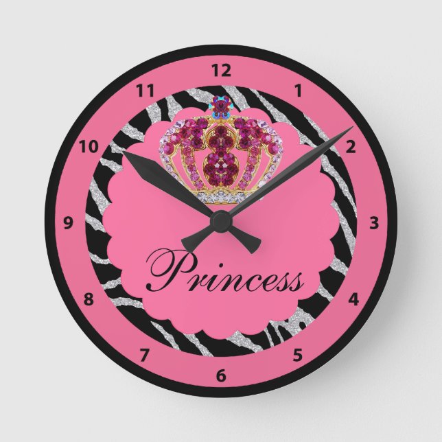 Ronde Pink Princess Bling Crown & Zebra Print Horloge (Recto)