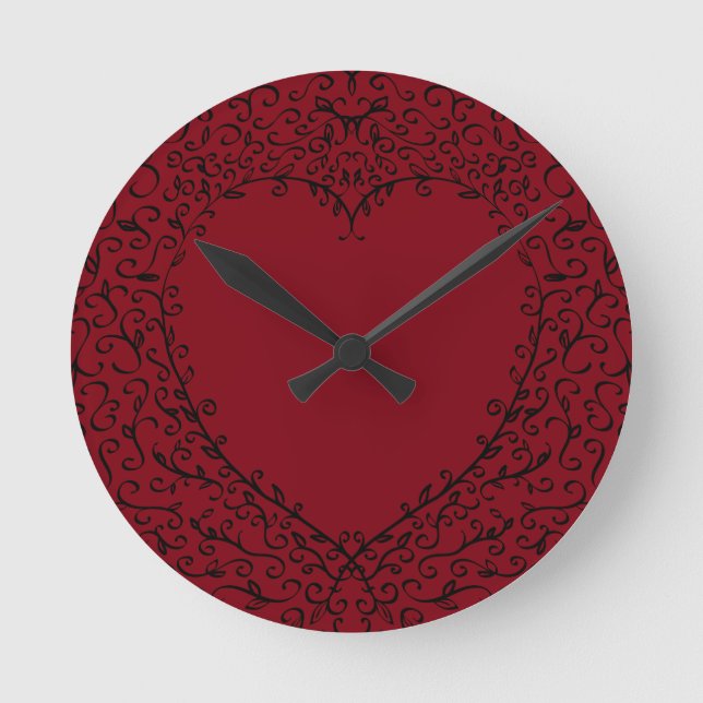 Ronde Rouge Noir Élégant Coeur Mariage gothique Horloge (Recto)