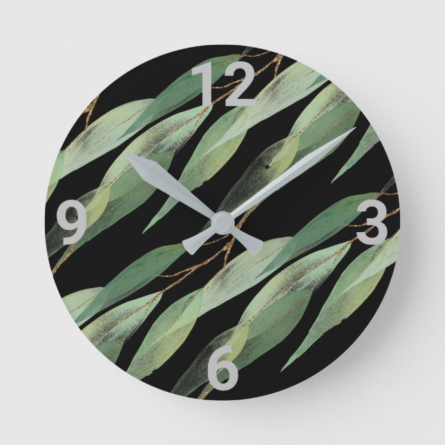 Ronde Sage Green Black Botanique Eucalyptus Mur Horloge (Recto)