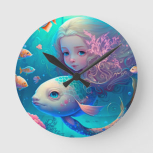 Ronde Sirène nageant avec le poisson mignon horloge mura