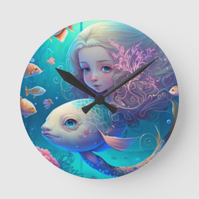 Ronde Sirène nageant avec le poisson mignon horloge mura (Recto)