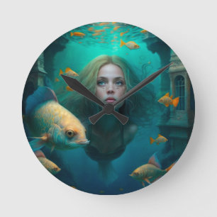 Ronde Sirène nageant avec le poisson mignon horloge mura