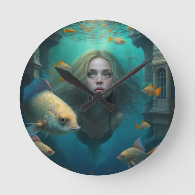 Ronde Sirène nageant avec le poisson mignon horloge mura (Recto)