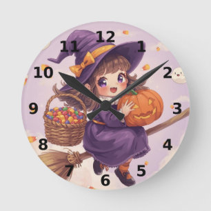 Ronde Sorcière avec horloge Halloween citrouille