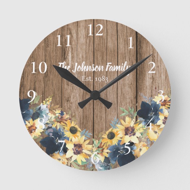 Ronde Sunflowers Rustic Wood Nom de famille Horloge de c (Recto)