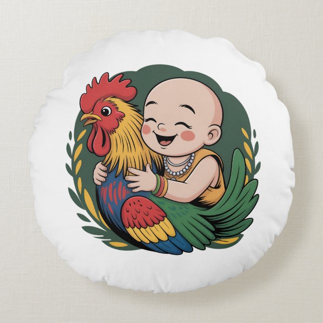 Ronds Coussins rond | Chloe Bébé Embrasse Le Coq (Devant)
