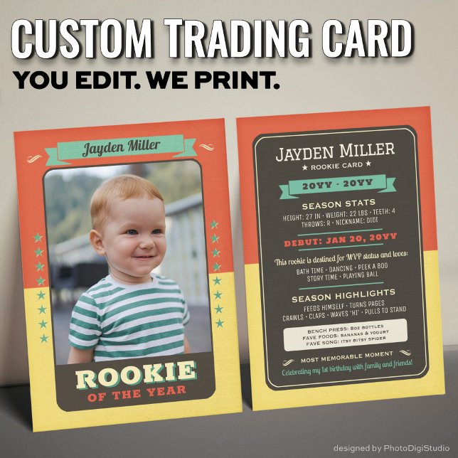 Rookie Année Baseball 1er Anniversaire Carte de co (Custom Rookie Trading Card, First Birthday Retro Rookie Card)