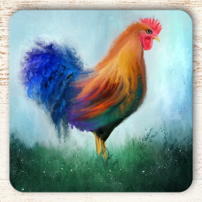 Rooster Coloré Dessous de verre d'art (Fine art coaster featuring a painting of a colorful rooster in a grass field.)