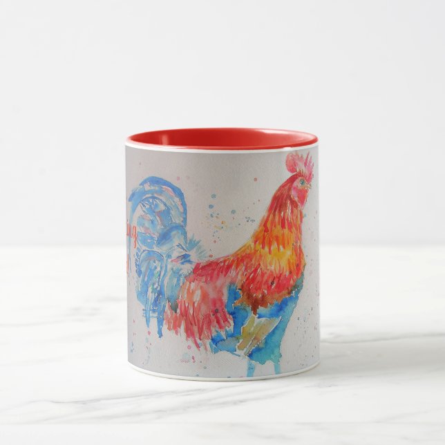 Rooster d'aquarelle rouge Bonne Matinée Mug d'enso (Centre)