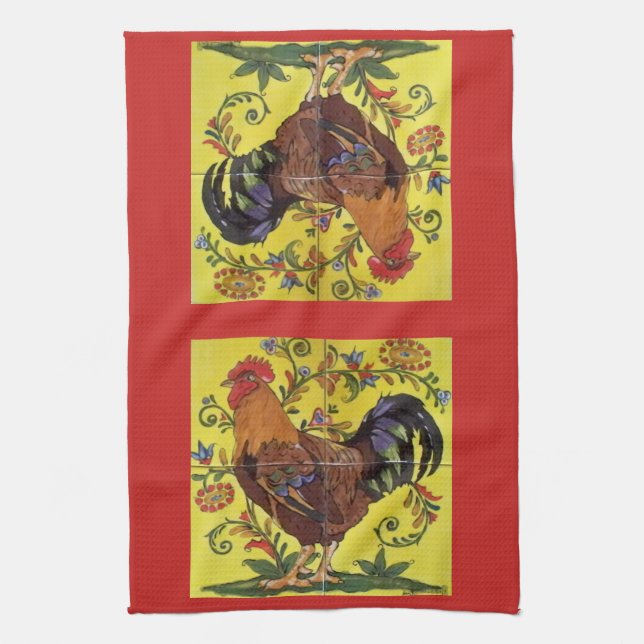 Rooster Jaune Poulet Rouge Folk Art Serviette de c (Vertical)