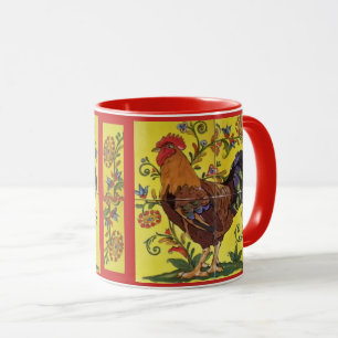 Rooster Rouge Poulet Folk Art Mug Jaune Floral