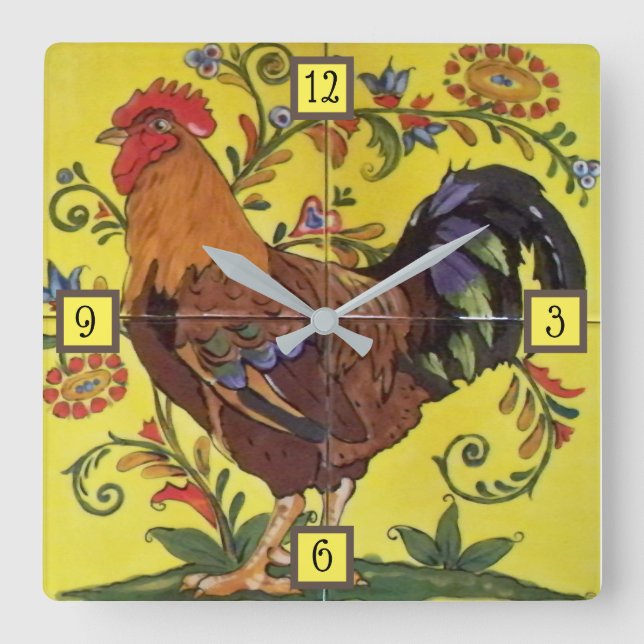 Rooster Rouge Poulet Jaune Folle Carrelage Horloge (Recto)