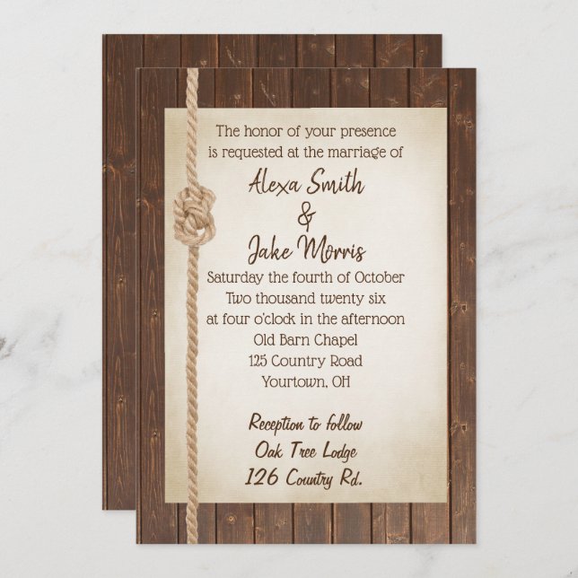 Rope Knot On Wood Wedding Invitation (Devant / Derrière)