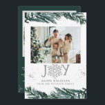 RORY Winter Pine Joy Photo Collage Carte de Noël<br><div class="desc">Cette Carte de Noël Joy présente un pin d'hiver vert profond avec éclaboussures argentées et un flocon de neige en parties scintillant argent et 4 emplacements photo. Cette carte de vacances rustique moderne se marie parfaitement avec cette enveloppe verte de forêt : https://bit.ly/3Hdzn4x</div>