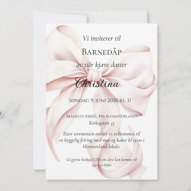 Rosa Ruban Invitation Baptême Enfant (Devant)