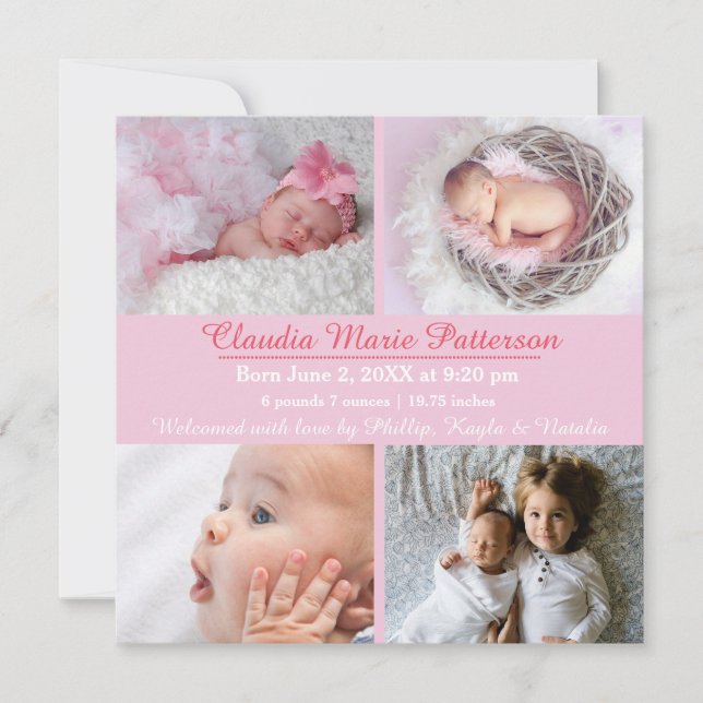 Rose 4 Photos - Faire-part de naissance (Devant)