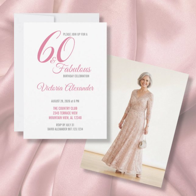 Rose 60 ans et Fantastique Élégant Faire-part d'an (Pink 60 and Fabulous Elegant Script Birthday Invitation)