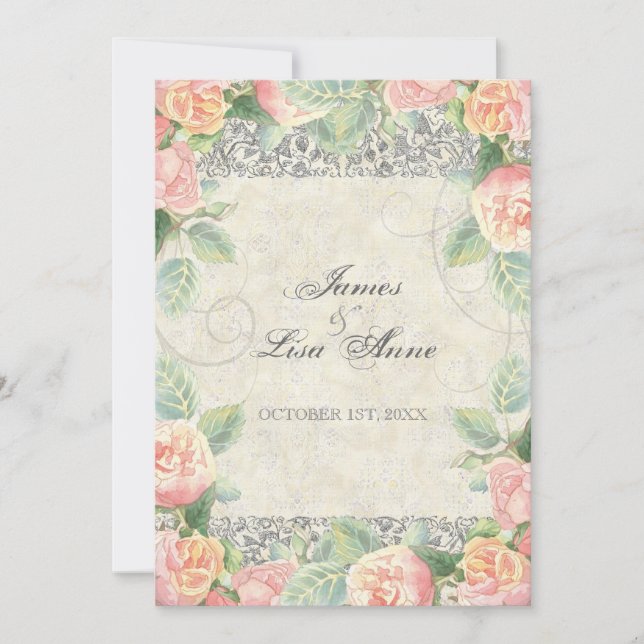 Rose anglais, Peach & Silver Faire-part de mariage (Devant)