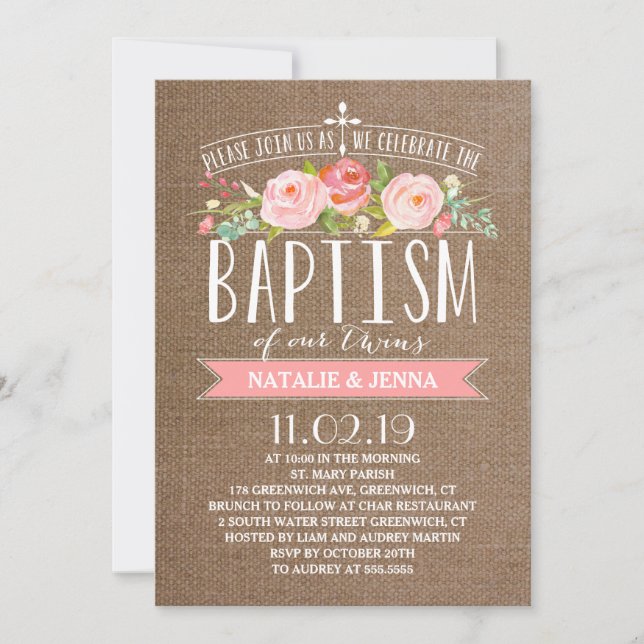 Rose Banner Burlap | Invitation Baptême Twins (Devant)
