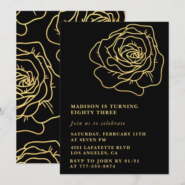 Rose Black Gold 83e anniversaire invitations (Devant / Derrière)