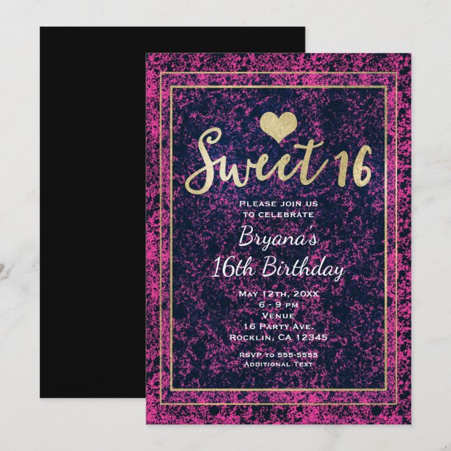 Rose & Black Gold Sweet 16 Modern Party Invitation (Devant / Derrière)