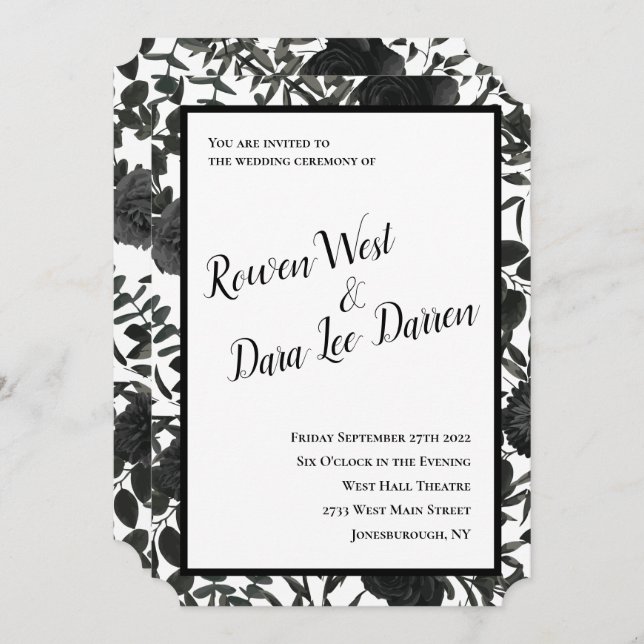 Rose blanc et noir Invitations de mariage gothique (Devant / Derrière)