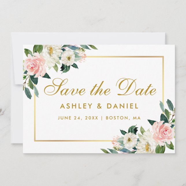 Rose Blanc Floral Enregistrer La Date Carte Or (Devant)